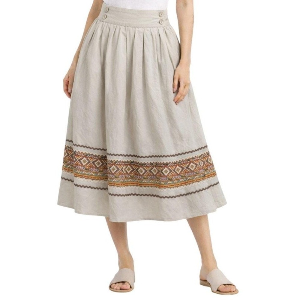 Vintage Bob Humming Embroidered Midi Skirt S/M Boho Folk Geometric Pleated Beige